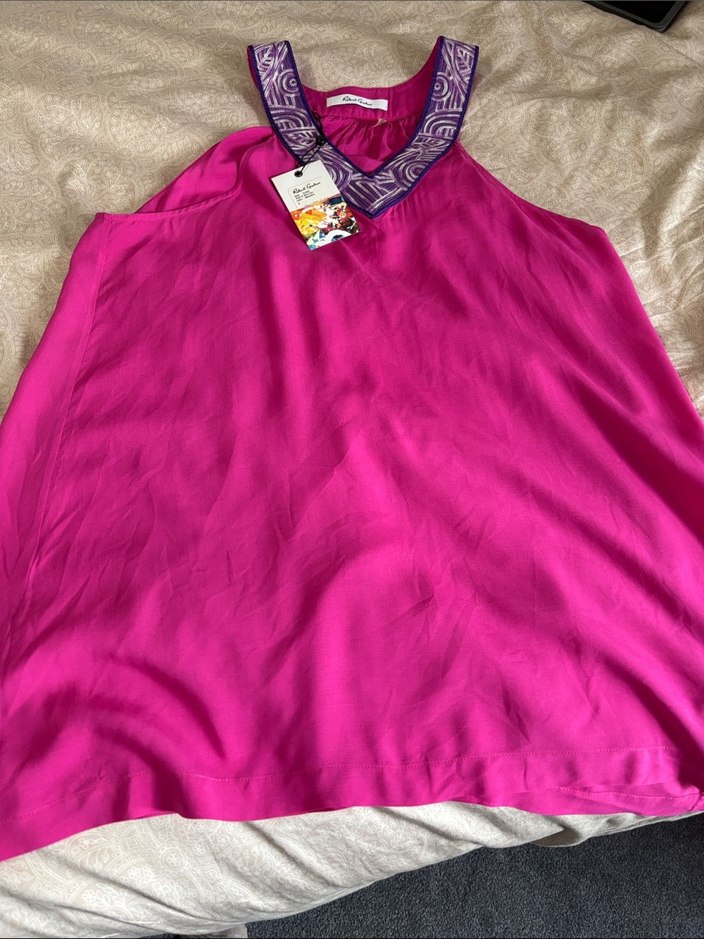 NWT Robert Graham Hot Pink Sleeveless Top with Purple Embroidered Collar